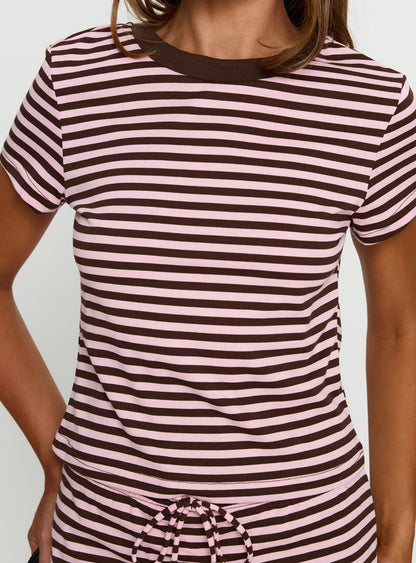 Settle Down Baby Tee Pink / Brown Stripe