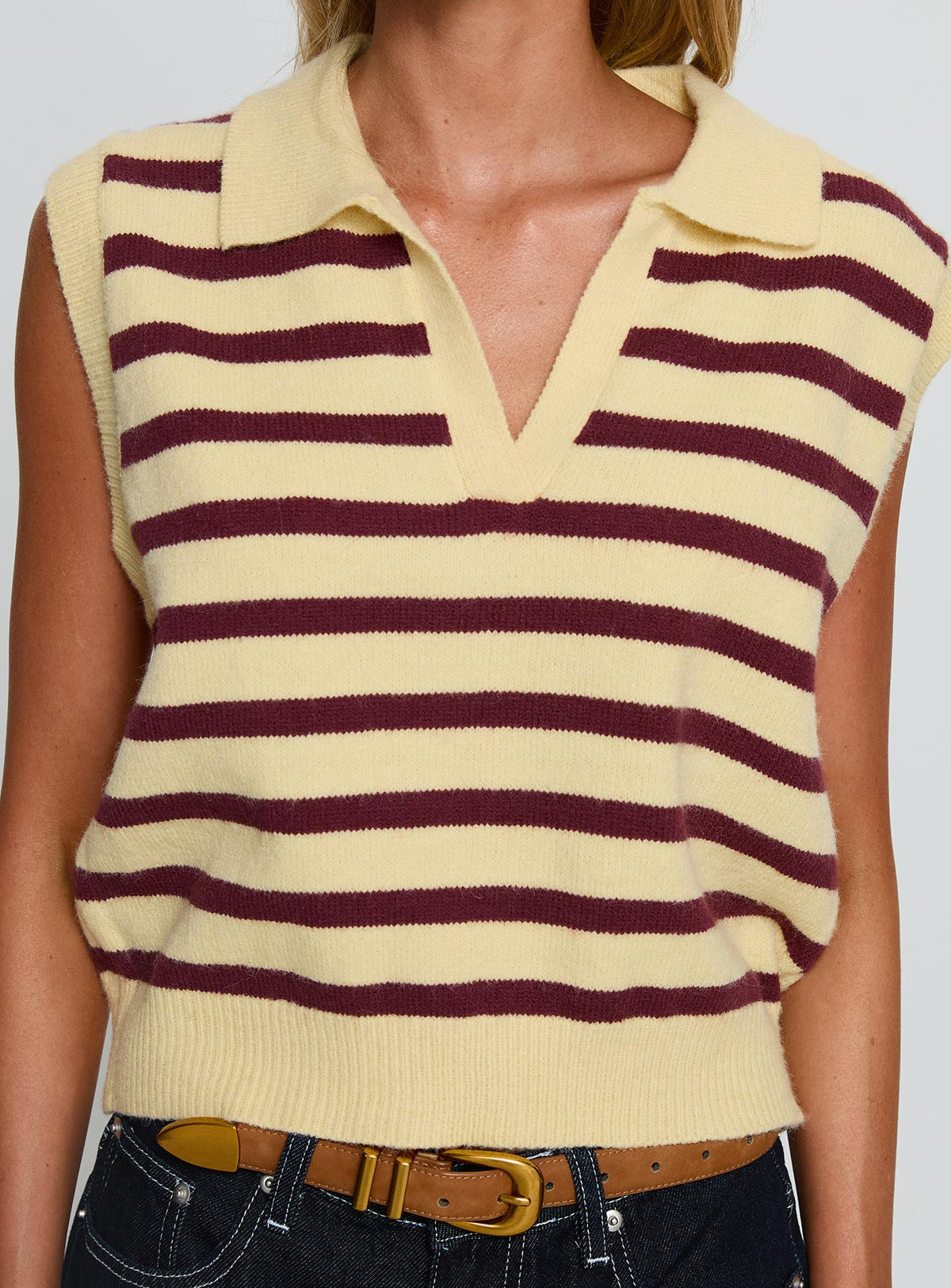 Yuliya Collared Sleeveless Top Lemon / Burgundy Stripe
