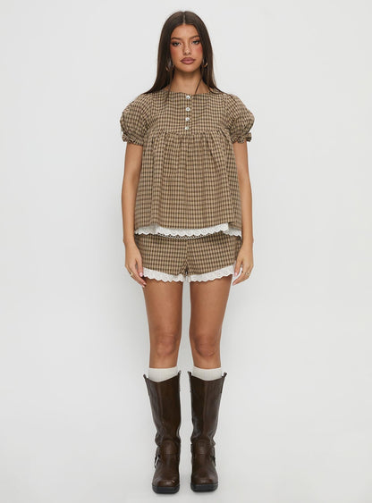 Chandelier Babydoll Top Brown Check
