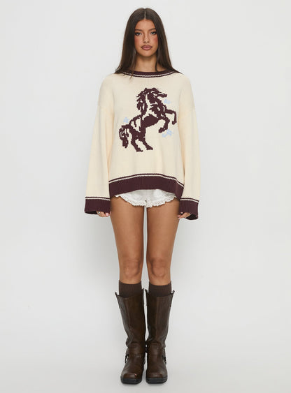 Rhianonn Horse Graphic Knit Sweater Cream / Brown