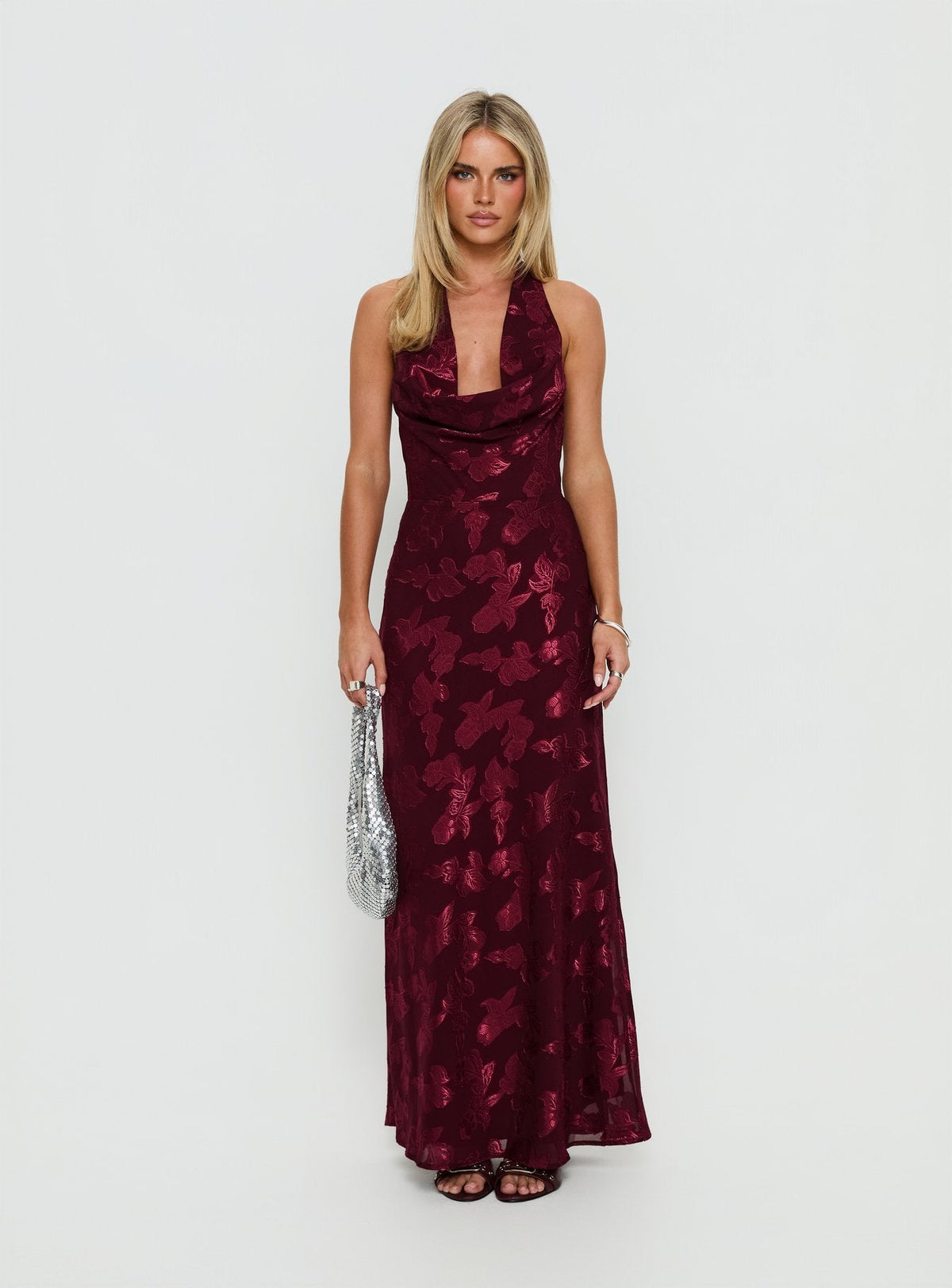 Jazminah Halter Cowl Neck Maxi Dress Burgundy