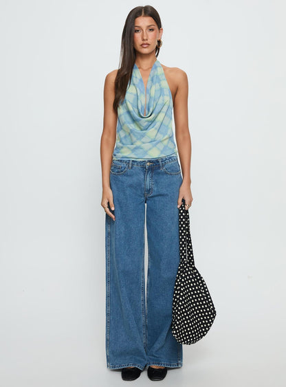 Karelyn Plunge Neck Top Teal Check