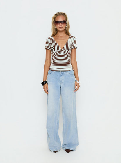 Madelon Short Sleeve Wrap Top Brown / Blue Stripe