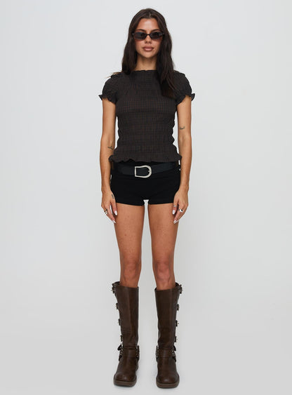 Romelle Shirred Top Black / Brown Plaid
