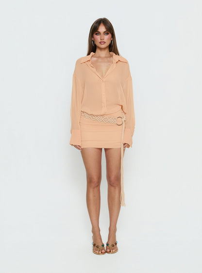 Moonrising Long Sleeve Sheer Blouson Mini Dress Soft Orange