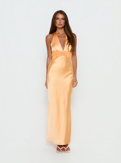 Sazenna Halter Plunge Maxi Dress Orange