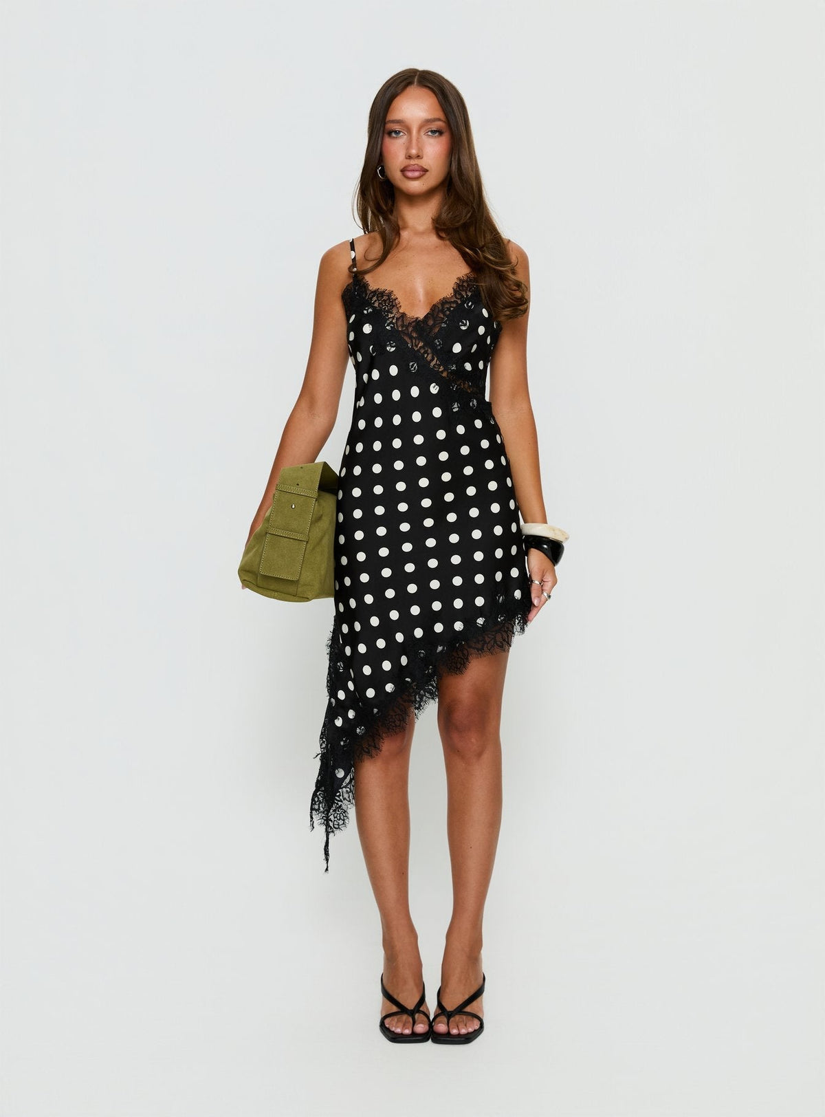 Afterdark Lace Asymmetrical Mini Dress Black Polka Dot