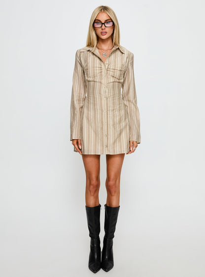 In Your Arms Long Sleeve Tie Back Mini Dress Brown Stripe