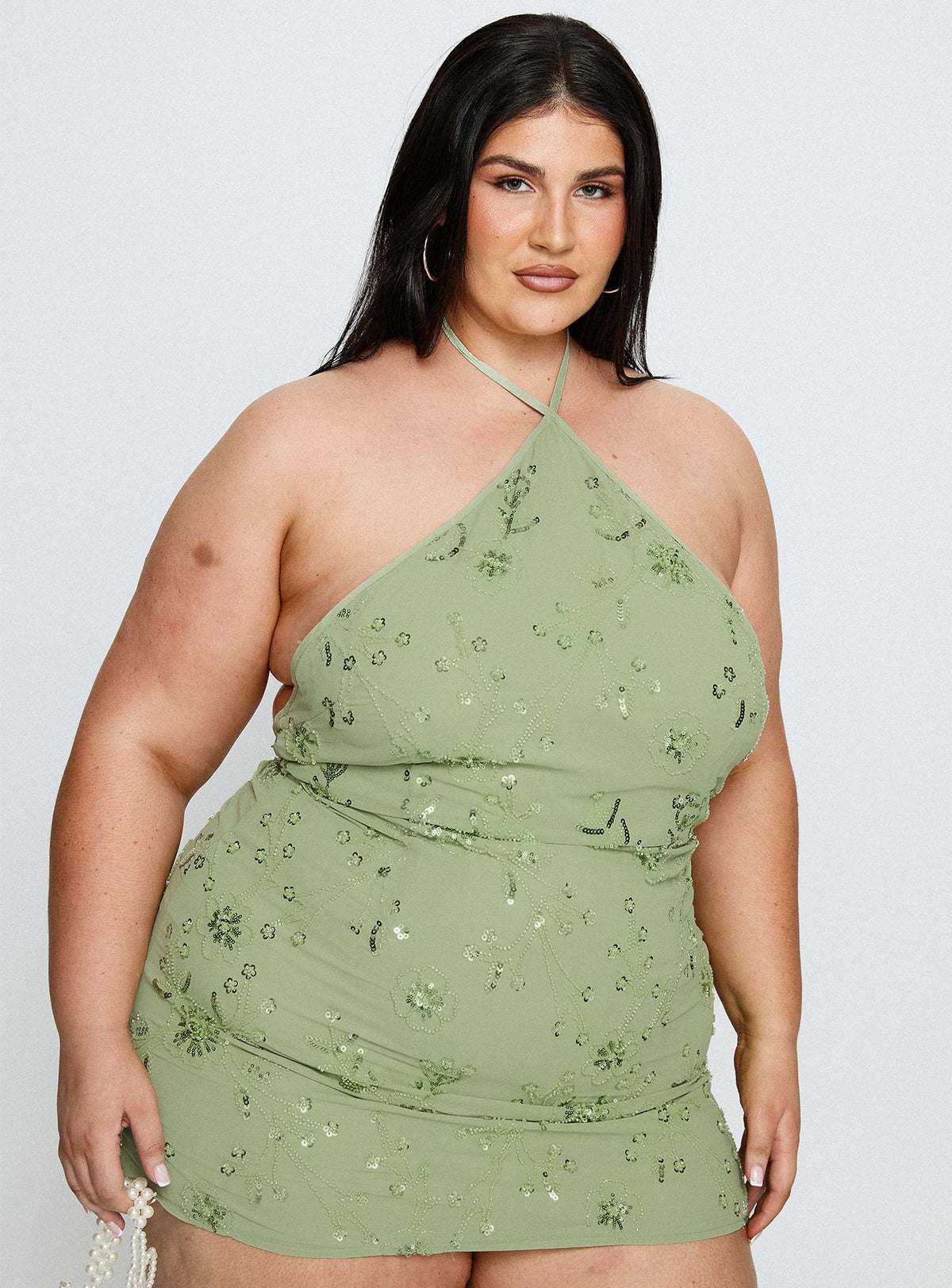 Evolet Embellished Halter Mini Dress Green Curve