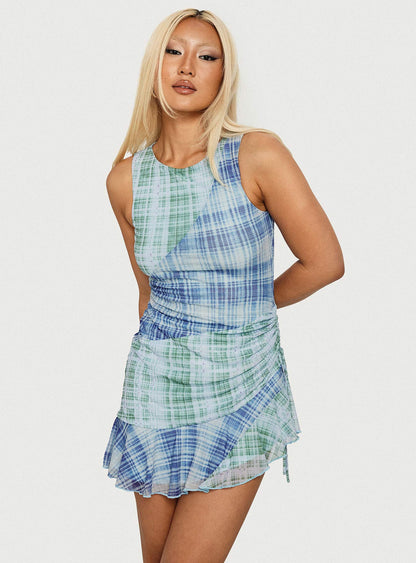 Timelapse Asymmetrical Splice Mini Dress Blue / Green Plaid