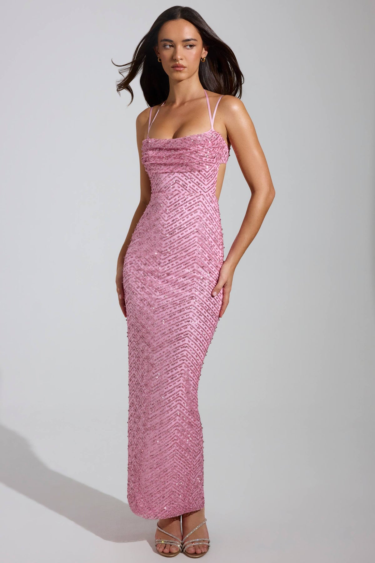 Embellished Cowl-Neck Maxi Dress in Pink