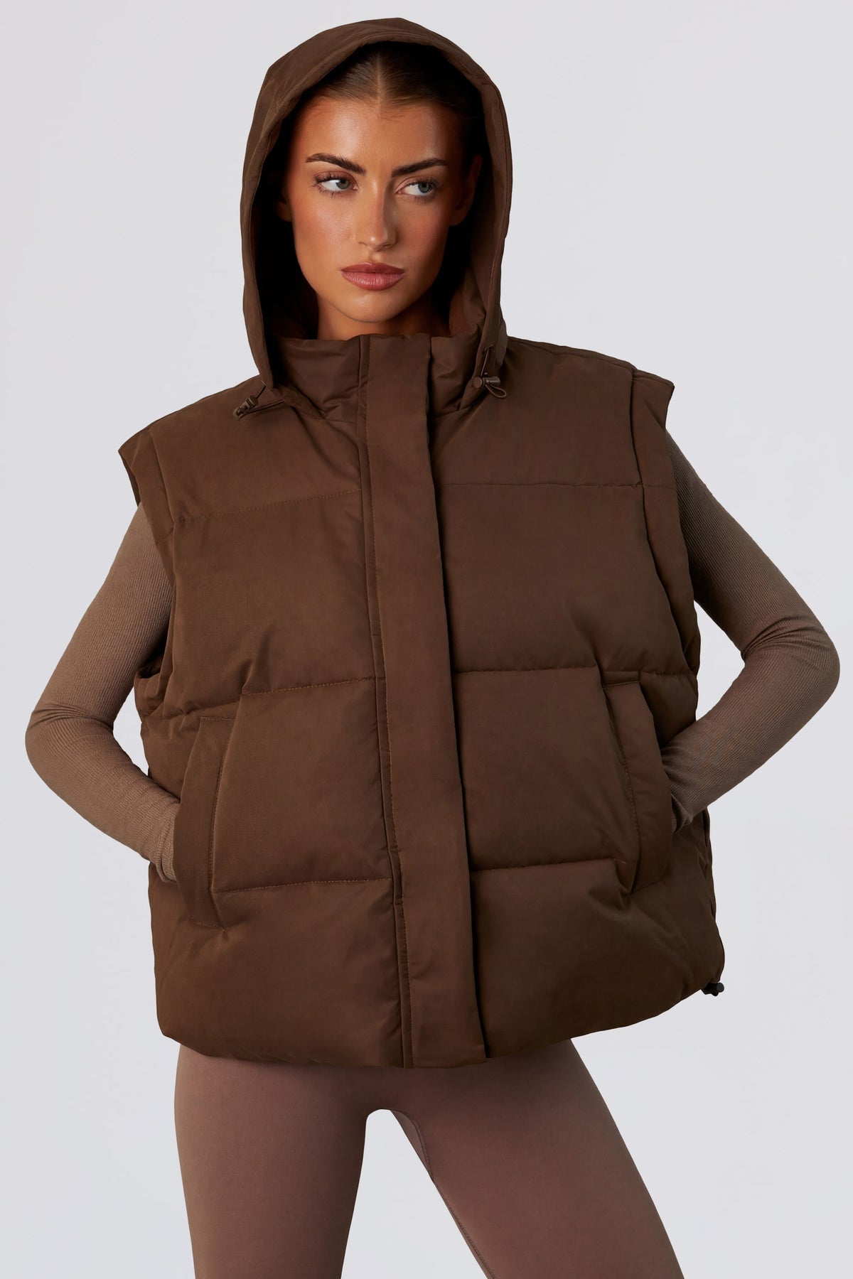 Cropped Puffer Jacket with Detachable Sleeves in Cocoa Brown