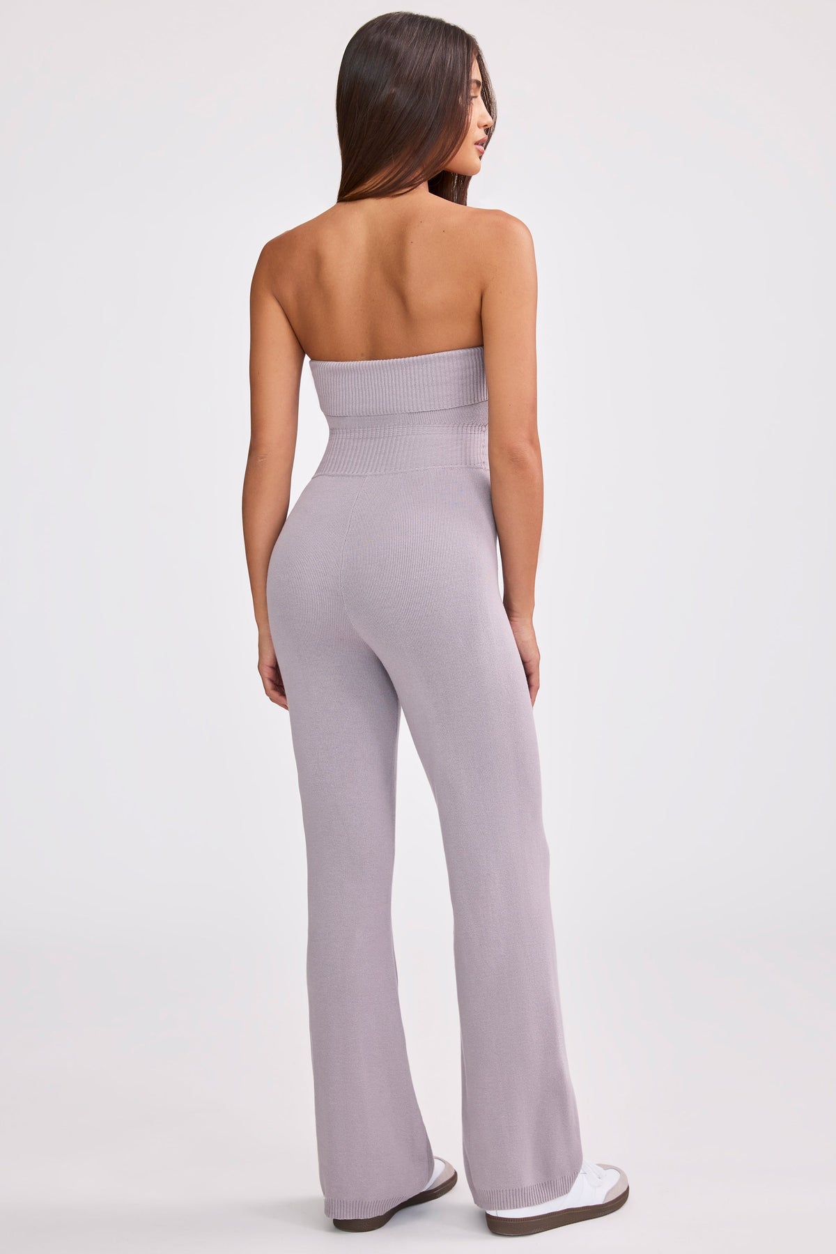 Chunky Knit Bandeau Kick Flare Jumpsuit in Dusty Lavender
