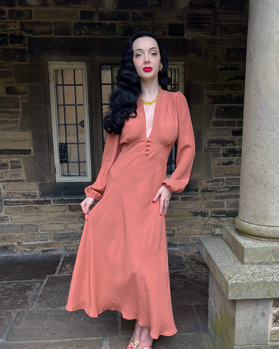 1930s / 70s Petra Bias Cut Midi Dress - Burnt Peach