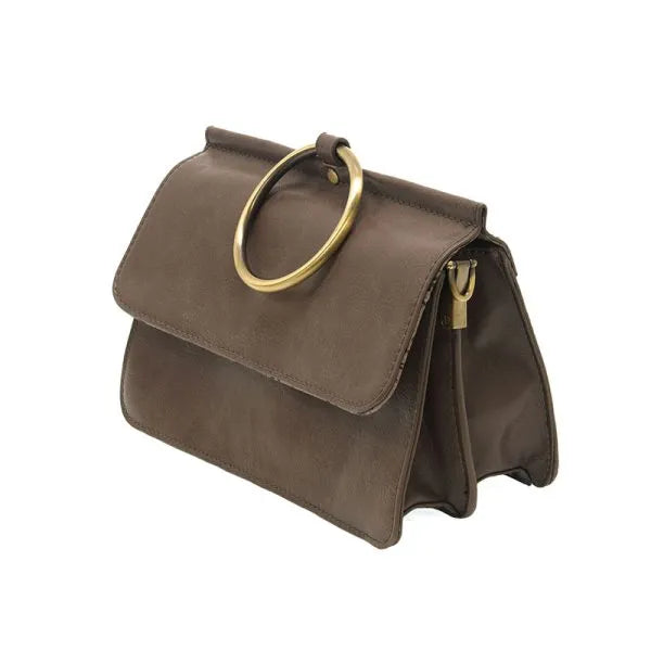 Brown Leather Handbag with Gold Ring Handle at Widest Point, Ideal for Women’s Boho Chic Clothing