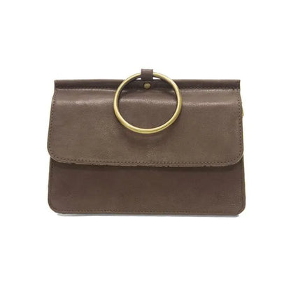 Brown leather ARIA RING BAG with gold ring handle, perfect for women’s boho chic clothing