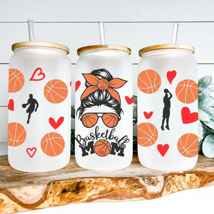 16 oz Libby Glass Can Tumbler featuring “Basketball Mom” design, perfect gift for moms