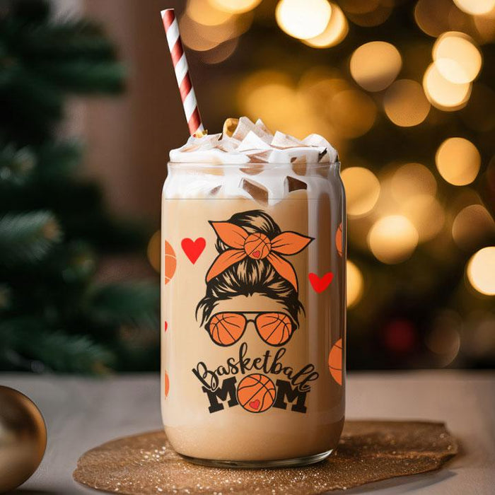 Side view of 16 oz tumbler showing “Basketball Mom” design, great gift idea for moms
