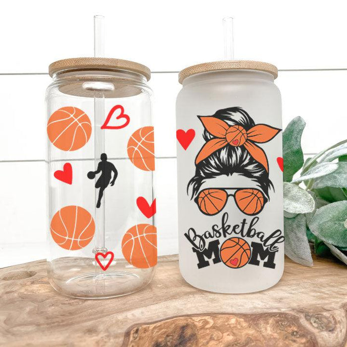 Close-up of Libby Glass Can Tumbler with basketball mom design, stylish and fun