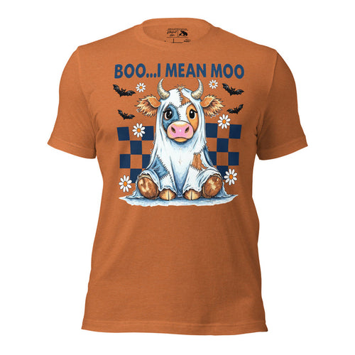 Boo I Mean Moo Halloween shirt with Highland cow ghost design