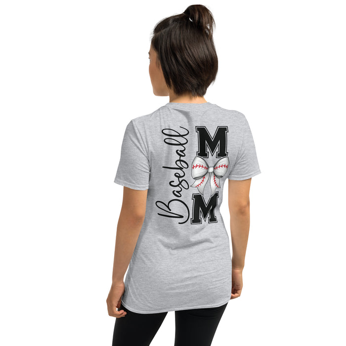 Front of Baseball Mom shirt with bow baseball O design