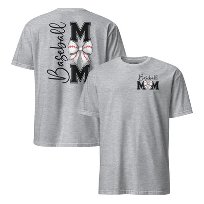 Sports mom shirt with bow baseball lettering design