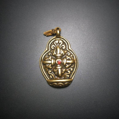 Buddhist Protective Pendant,Cross Vajra Amulet, 50 years old - Tibetan Buddhist amulet, close-up detail