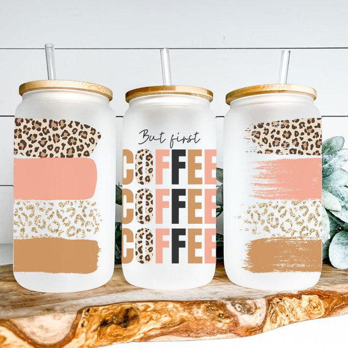 Reusable iced coffee tumbler with natural brush stroke design and “But First Coffee” wording, gift for friends or coworkers.