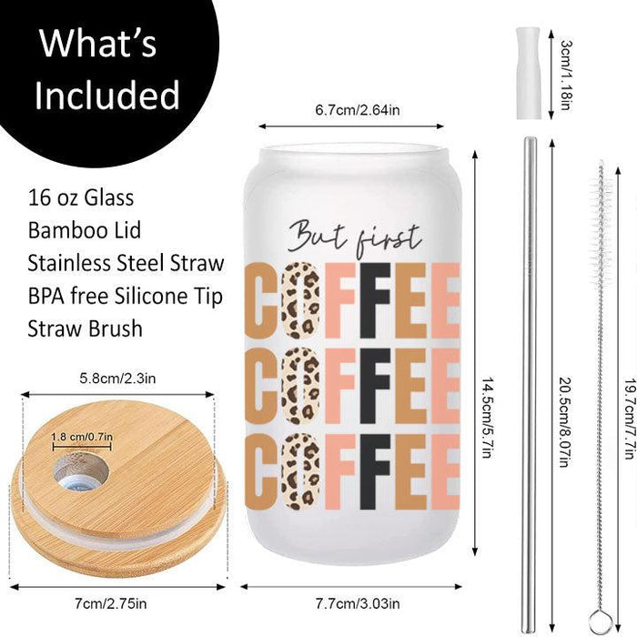 Reusable iced coffee tumbler with natural brush stroke design and “But First Coffee” wording, gift for friends or coworkers.