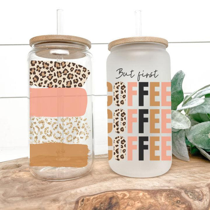 Minimalist tumbler with natural tones and “But First Coffee” design, ideal gift for coffee enthusiasts