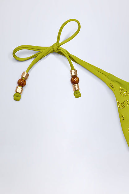 Charm-Detail Thong Bikini Bottoms in Olive Green