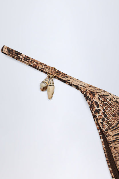 Charm-Detail Thong Bikini Bottoms in Snake Print