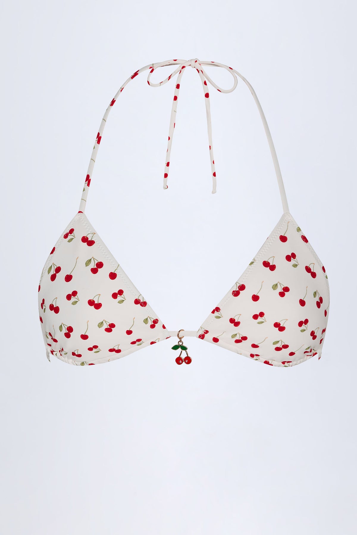Charm-Detail Triangle Bikini Top in Cherry Print