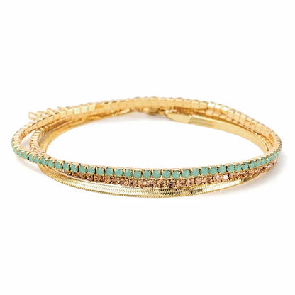 Gold-toned bangle bracelet with mint green stones in Dainty Gold and Rhinestone Layered Bracelet Set