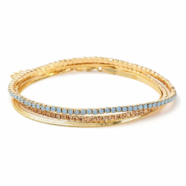 Dainty Gold and Rhinestone Layered Bracelet Set with Blue and Champagne Bands