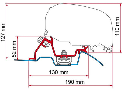 Fiamma F80S RV Awning Adapter for Mercedes Sprinter w/ Factory Roof Rails ( Technical Drawing ) - Campervan HQ