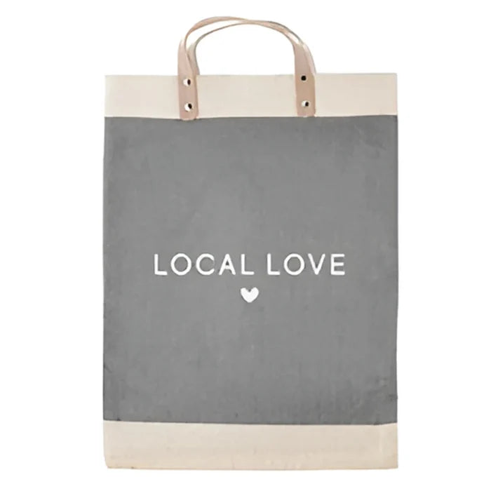 Grey Market Tote bag featuring the word Love, designed with waterproof lining and inside pocket