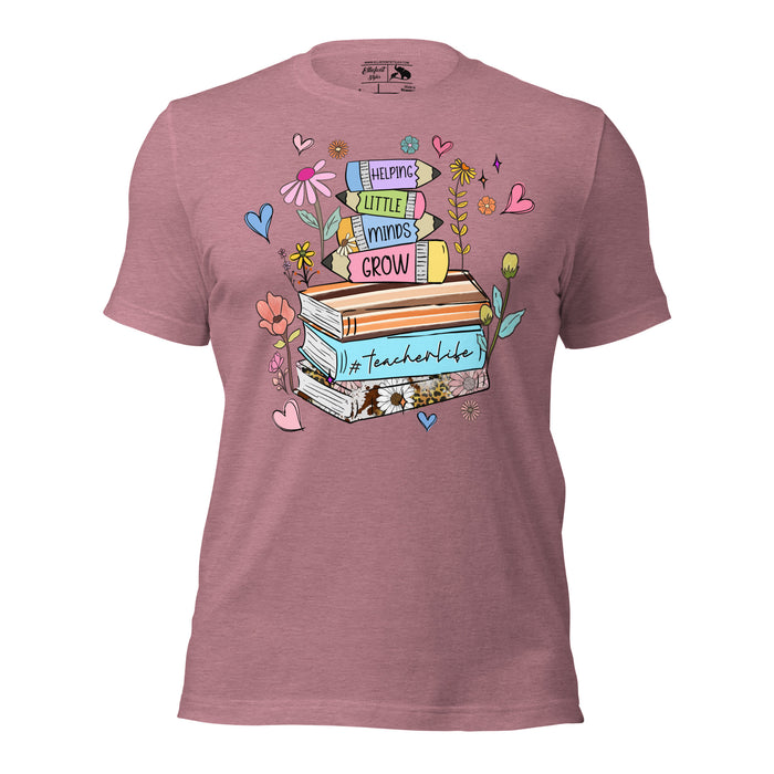 Funny teacher shirt with stack of books graphic and #TeacherLife quote
