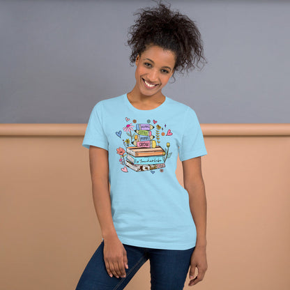 Graphic tee for teachers with books design and humorous #TeacherLife saying