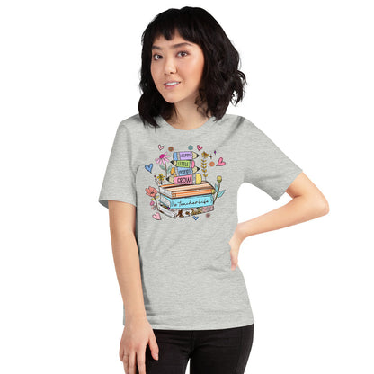 Cute and funny teacher shirt featuring books and #TeacherLife phrase