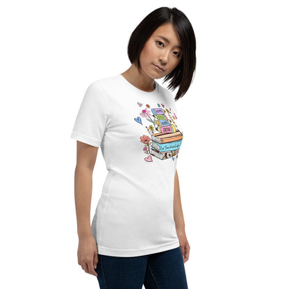 Humorous teacher life shirt with stack of books illustration