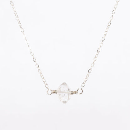 close up image of the silver herkimer diamond necklace - silver beads - delicate chain - simplistic jewelry