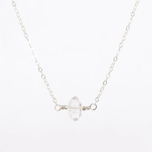 close up image of the silver herkimer diamond necklace - silver beads - delicate chain - simplistic jewelry