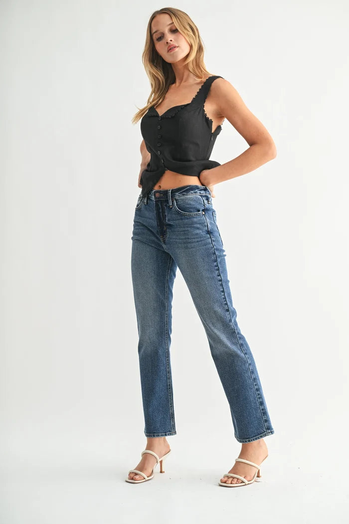 Women’s medium wash high rise slim cropped bootcut denim jeans for a modern look