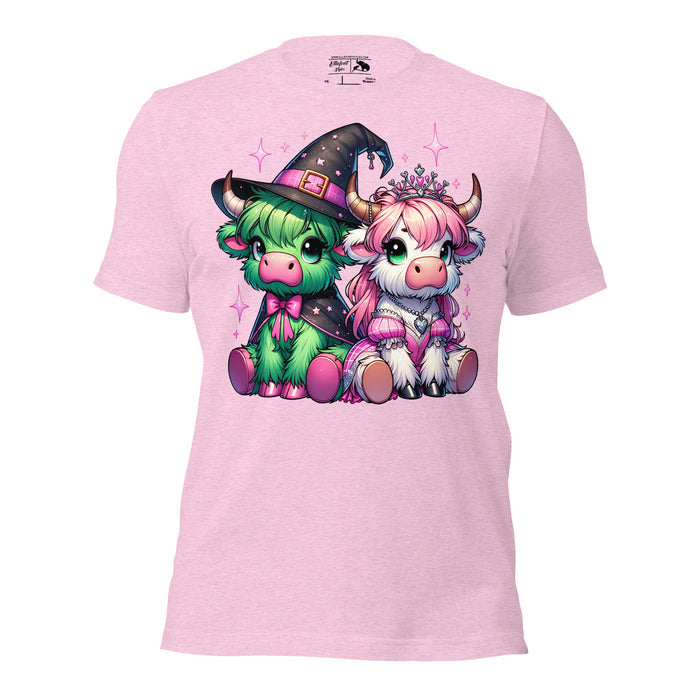Shirt with green and white Highland cows, inspired by Wicked.