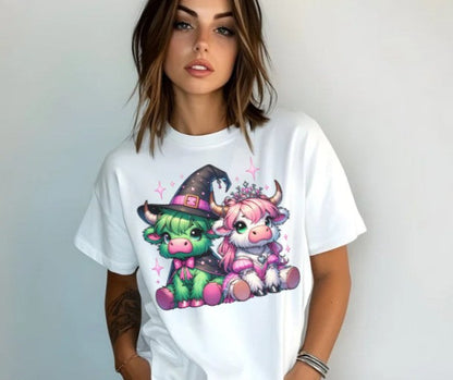 Highland cow shirt featuring two cows inspired by Wicked characters.