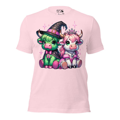 Farm animal shirt featuring Highland cows styled like Wicked characters.