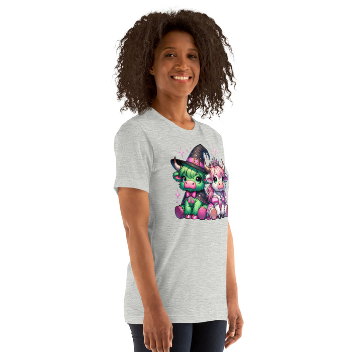 Rustic Highland cow shirt featuring two cows in green and white.