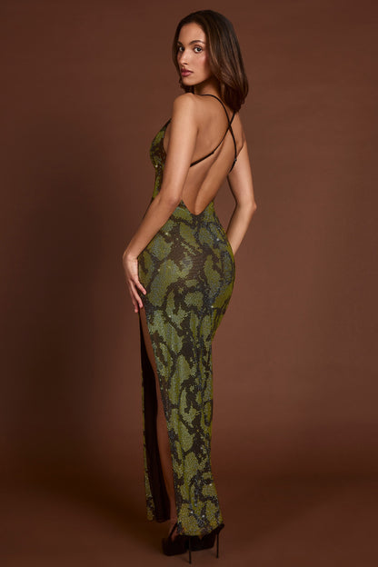 Embellished Halterneck Maxi Dress in Green Snake