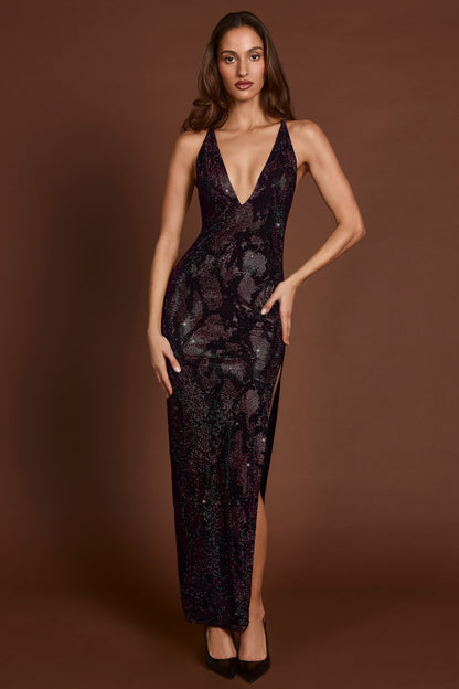 Embellished Halterneck Maxi Dress in Purple Snake
